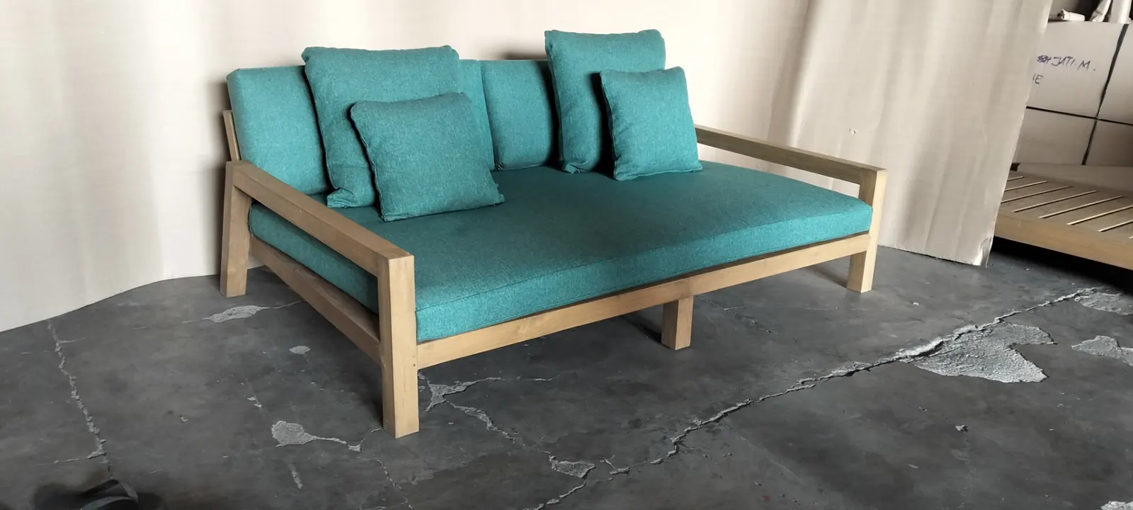 Daybed en teck, coussins turquoise déhoussables